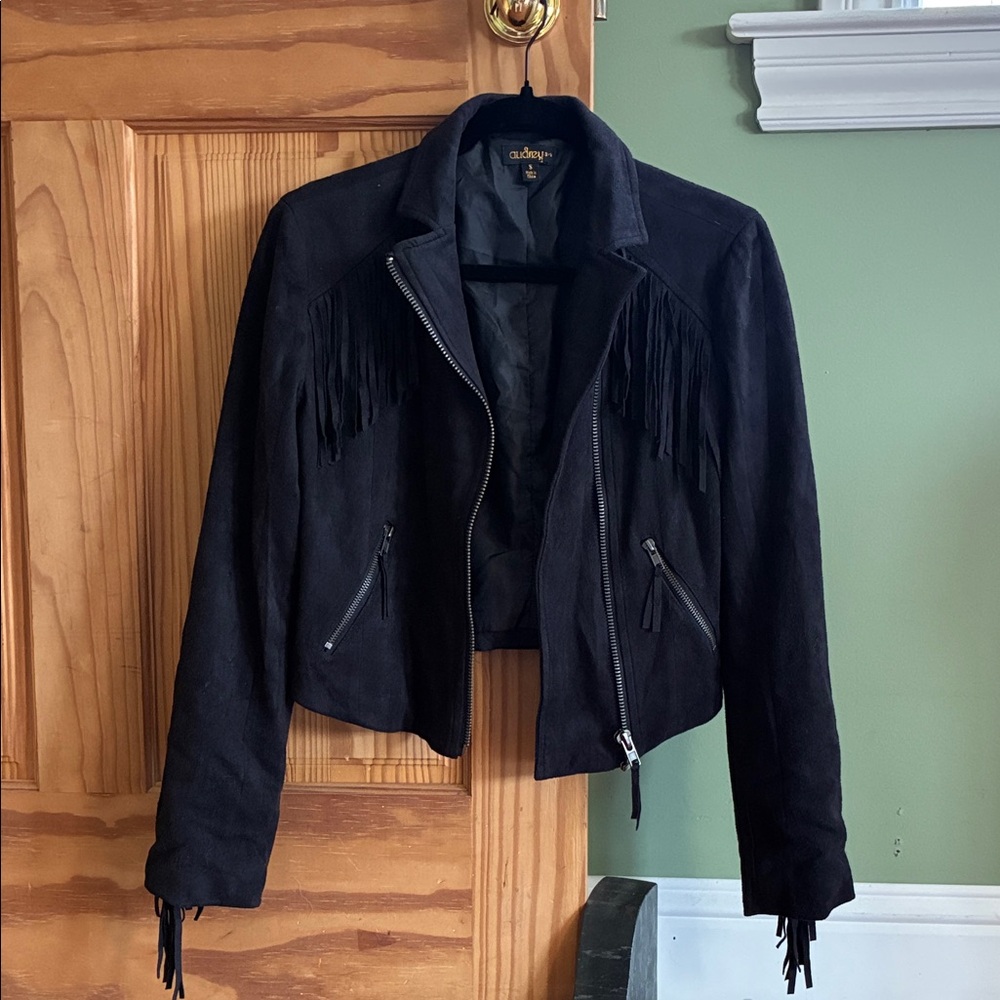 Audrey 3+1 faux suede fringe moto jacket